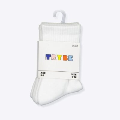 Trybe Socks Half Crew Socks 3 Pack Kids White Unisex Size 5-8