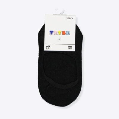 Trybe Socks Invisible Sock 3 Pack Kids Black Unisex Size 9-12