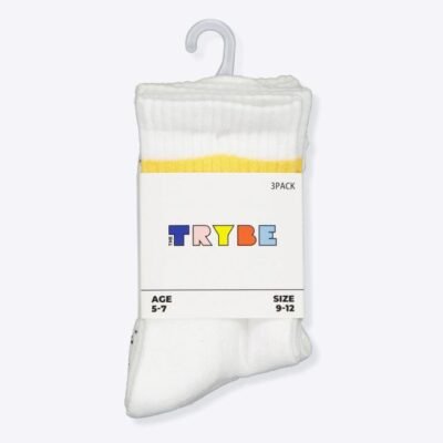 Trybe Socks Sport Stripe Half Crew Sock 3 Pack Kids White Multi Sports Stripe Unisex Size 2-4