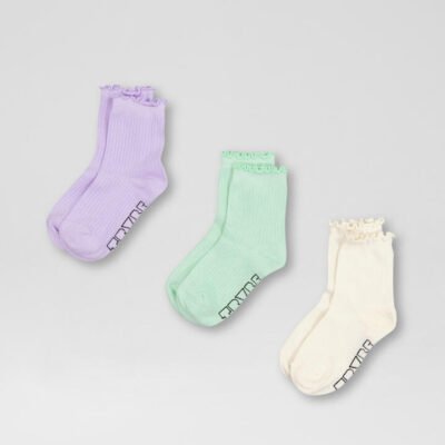 Frill Purple Green Off White Cotton Socks