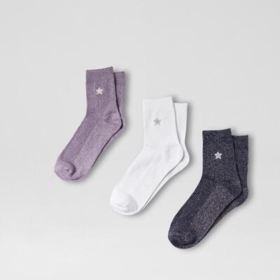 Half Crew Glitter 3 Pack Purple Silver Navy Cotton Socks