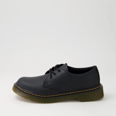 1461 Junior Black Leather Lace Up Flats TheSneakerLounge Kids 1461 Junior Black Leather Lace Up Flats