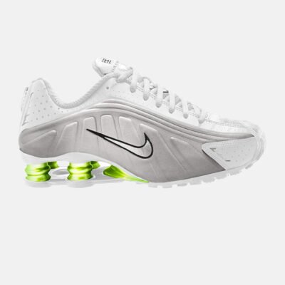 Womens Nike Shox R4 White/White-Metallic Silver-Volt TheSneakerLounge Nike Womens Nike Shox R4 White/White-Metallic Silver-Volt