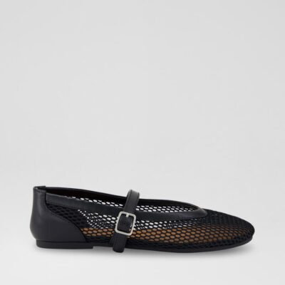Evie Junior Black Mesh Leather Flat Shoes